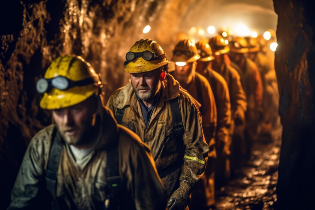 A Group Of Miners Collaborating And Working Together In A Dark Underground Tunnel Representing The Importance Of Teamwork And Camaraderie In The Mining Industry Generative Ai Photo